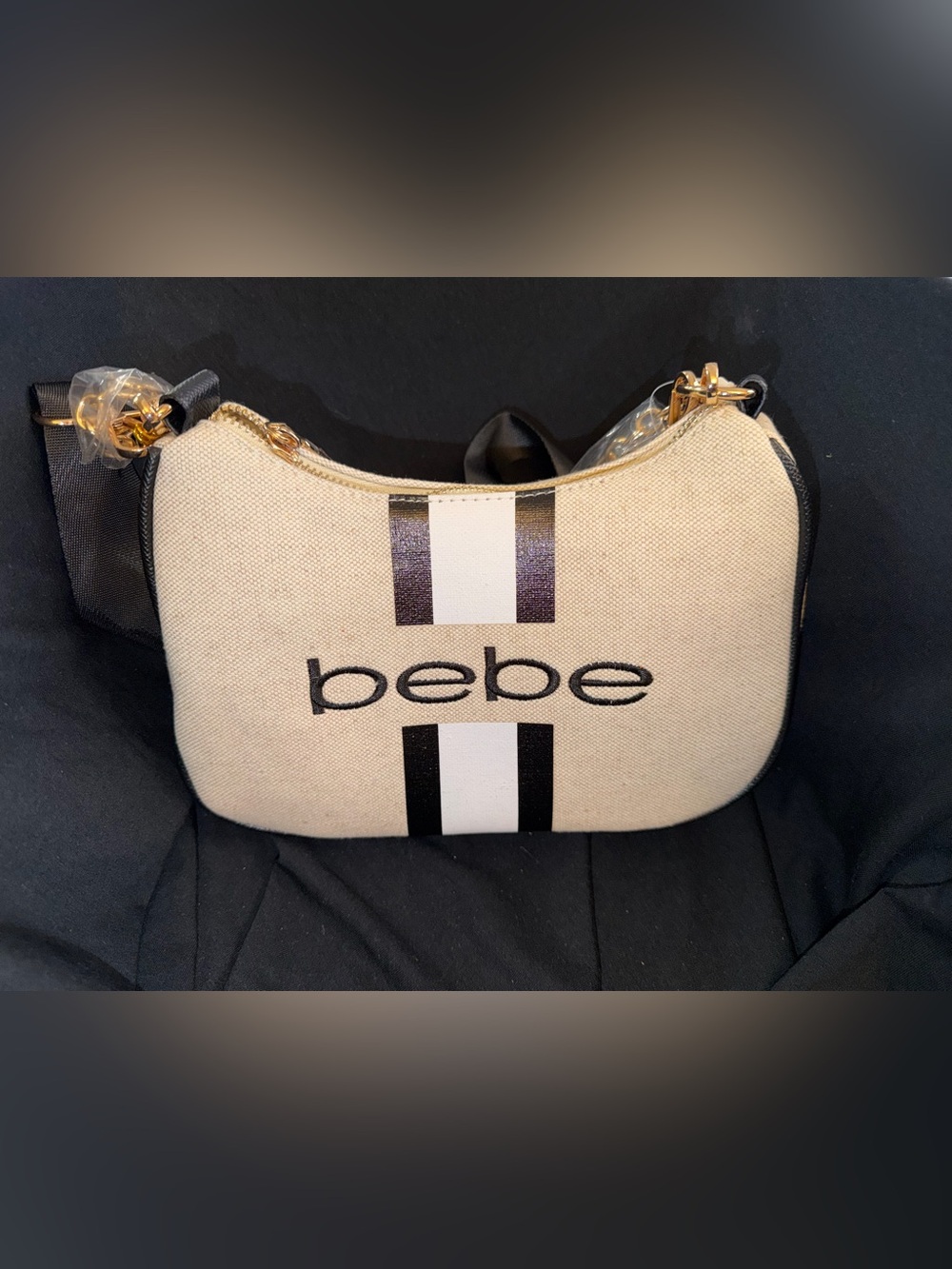 bebe Beige Canvas Crossbody with coin purse Black and White Stripe